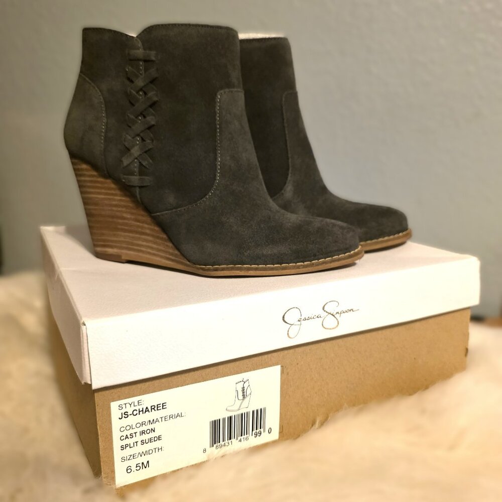 Charee Gray Suede Wedge Ankle Booties Boots Jessica Simpson Womens Size 6.5 NIB